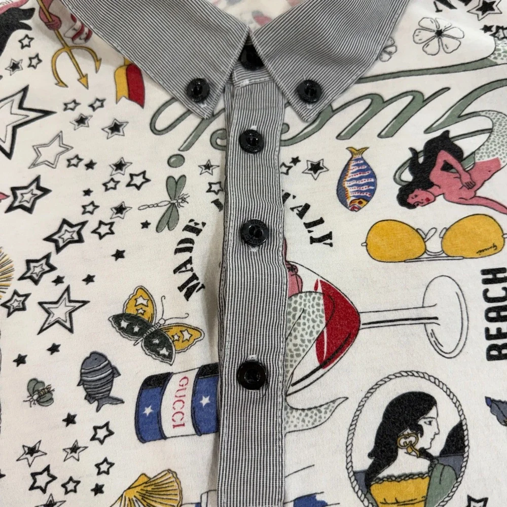 Gucci Mens Tattoo Print Polo Shirt Size 54 White Nautical Mermaid Made In Italy